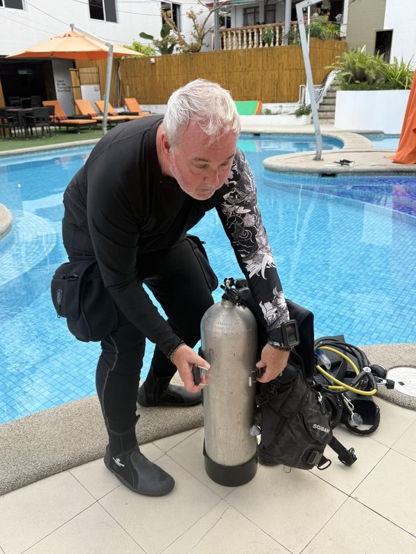 Equipment setup and briefing by the pool