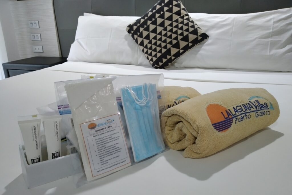 The LLV Cares Kit is available in every room - the care kit includes hand sanitizer, a face mask, and antibacterial wipes, and can be replaced or replenished by contacting reception.