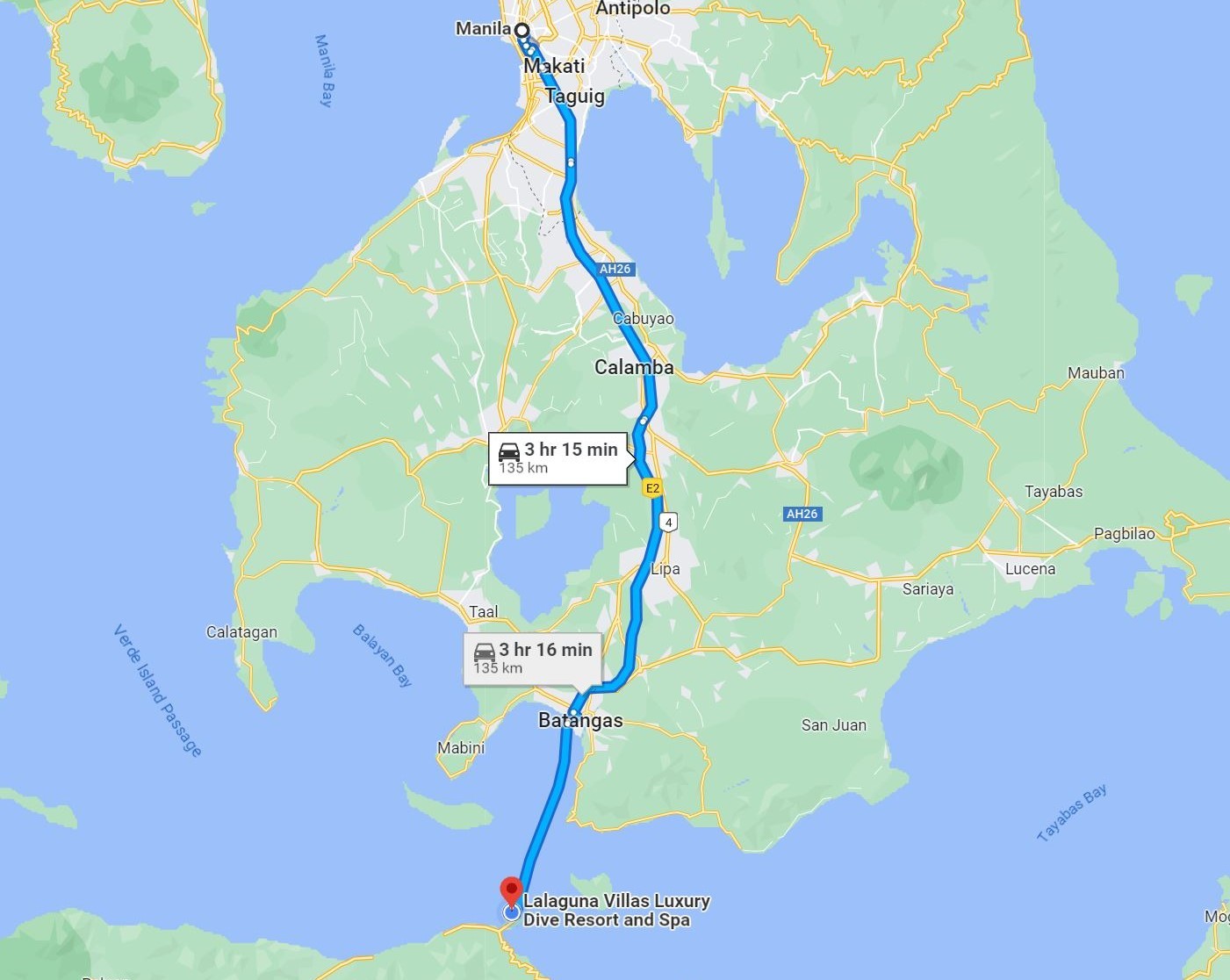 The route from Manila to Puerto Galera (c) Google Maps