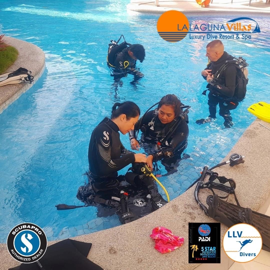 Student divers in the LLV pool completing the Confined Water element of the PADI Open Water course