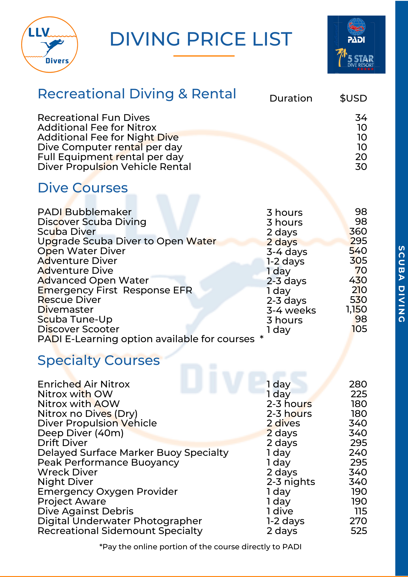 DIVING PRICE LIST - English