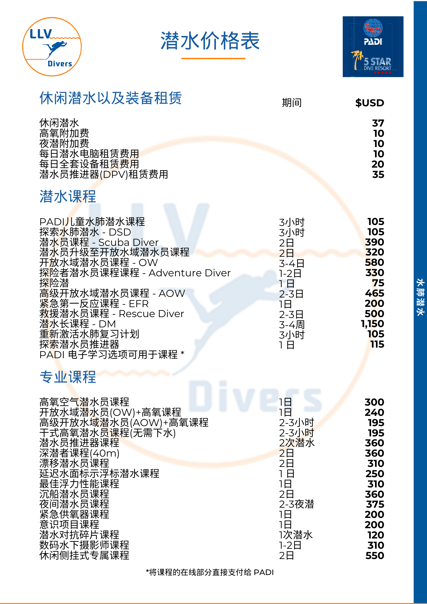 DIVING PRICE LIST - Chinese