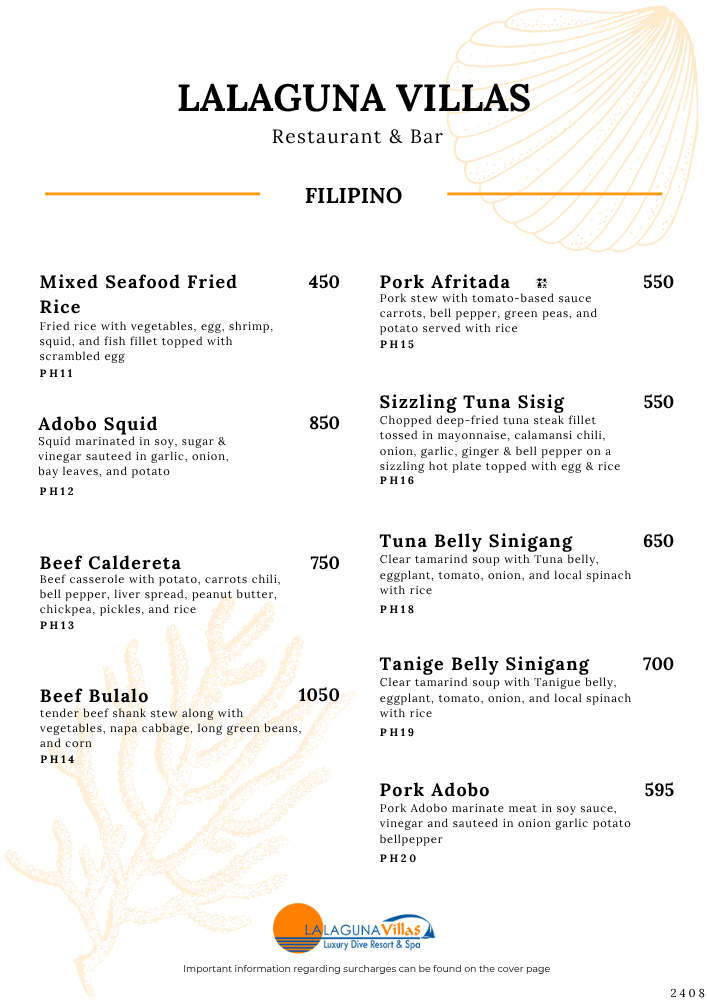 Lalaguna Villas Menu - Puerto Galera's Best Cuisine